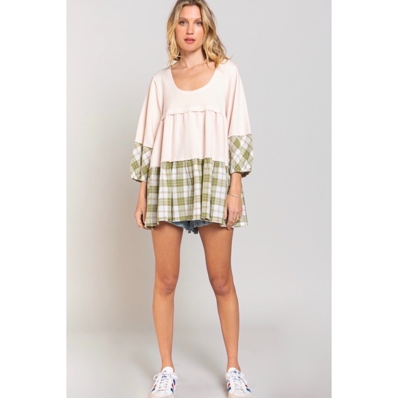 POL Olive & Cream Rib Knit & Plaid Scoop Neck Babydoll Tunic Top - Picture 3 of 6